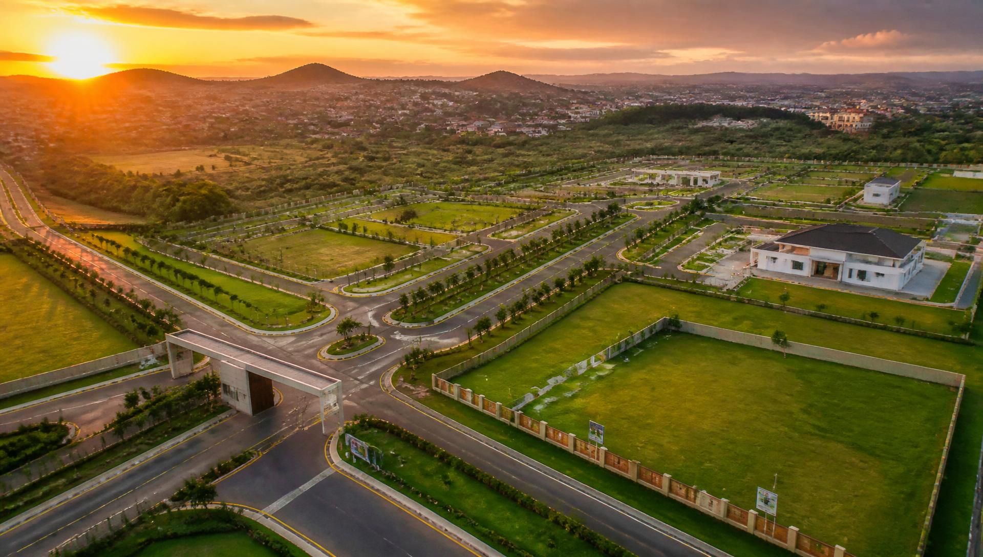 Aerial view of a premium estate development in Abuja at golden hour